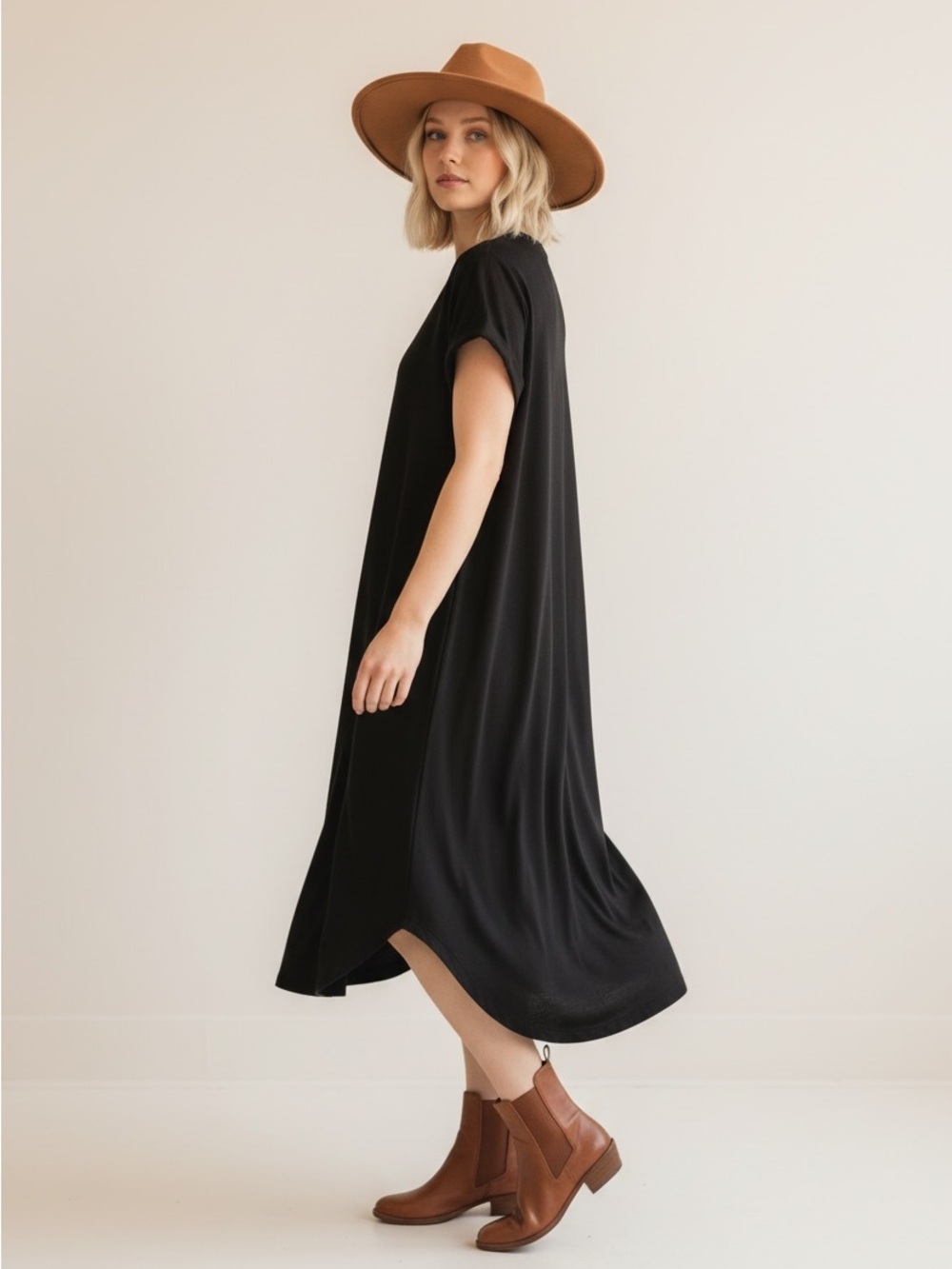 Atelier Jai Black Short Sleeve Swing Dress - Women's Casual Midi• XL-1X